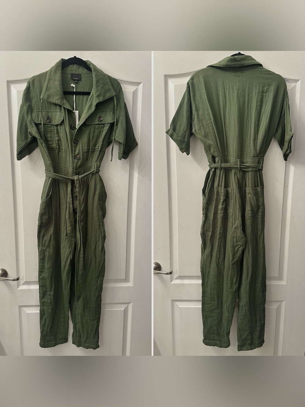 Lumiere Olive Green Button-Front Utility Jumpsuit S